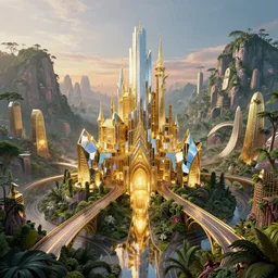 futuristic shinny iridiscent mirror castle in a mountain with jungle cityscape surrounded by sculpted roads by frank gehry, golden buildings bridges with creepy overgrown vegetation at castlevania by anish kapoor, golden buildings by santiago calatrava and zaha hadid, glowing reflections, at dusk, octane render redshift unreal engine, composition by mike mignola, rule of thirds, movie poster, front view, central perspective, artstation behance cgsociety weta workshop ilm framestore,