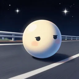 a ball with a face on it, rolling on the highway, in space, twinkling stars in the background, digital illustration