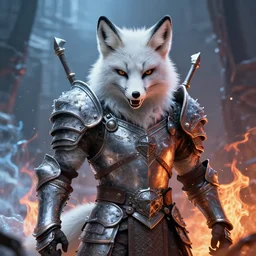angry devil white polar fox with sharp teeth wearing medieval armor presented as god of destruction, ice and fire, postapocalyptic world, hyperrealistic, highly detailed