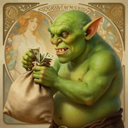 Epic portrait A green fat goblin with a sharp chin stealing bag of money with his hands, Side profile, sharp teeth, small, digital painting, artstation, concept art, soft light, hdri, smooth, sharp focus, illustration, fantasy, intricate, elegant, highly detailed, D&D, matte painting, in the style of Greg Rutkowski and Alphonse Mucha and artemisia, 8k, highly detailed, jurgens, rutkowski, bouguereau, pastoral, rustic, georgic