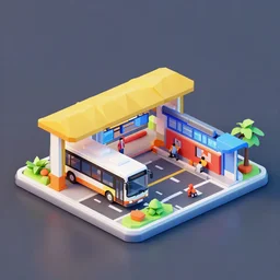 3 d render of bus station, colorful, toy, low poly isometric, diorama, octane render, corona render