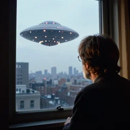 john lennon looking out his nyc apartment window to see a ufo slowly flying by, the ufo is a round object, black or grey in the middle with blinking white lights wrapped around it and a red light on top. photorealistic, hyperreal, in the style of the x - files,