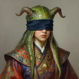 character concept portrait, blindfolded hag with a slugs covering her, digital painting, detailed, highly detailed, vivid colorful ornate robes, smooth, sharp focus, illustration by ruan jia and mandy jurgens and william - adolphe bouguereau, artgerm