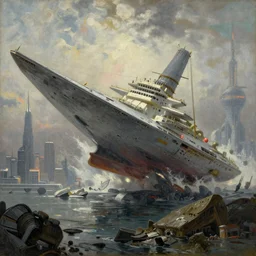 a painting of a giant starship crashing into a futuristic city in the style of John constable