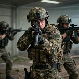 Portrait of a modern German Bundeswehr squad in full gear wearing Flecktarn shooting shooting shooting shooting at enemy forces from behind cover, cinematic lighting, front lighting, 4k, award-winning, by Greg Rutkowski, combat, intense,