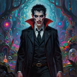 Horrifying hyper realistic vampire in a beautiful lsd multiverse, Charlie Bowater matte painting, post-processing, fantasy , masterpiece , painting , vibrant colors