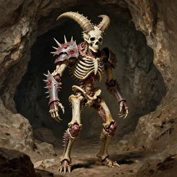 A spiky horned skeleton with armored joints stands in a large cave. Extremely high detail, realistic, fantasy art, solo, masterpiece, saturated colors, bones, skull, ripped flesh, art by Zdzisław Beksiński, Arthur Rackham, Dariusz Zawadzki