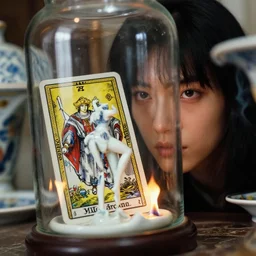 cinestill 5 0 d, 8 k ; esoteric ultra realistic major arcana in kagemusha ( 1 9 9 0 ) film still flaming devanagari dj scene in frontiers in porcelain photography fashion magazine june seinen manga closeup portrait edition, hyperrealistic real - life smoldering tarot card porcelain occult figurine in victorian glass jar, pointe pose, eye contact, tilt shift wide shot zaha hadid background