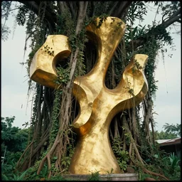 vintage color photo of a giant 1 1 0 million years old abstract liquid gold sculpture shinning and covered by the jungle vines