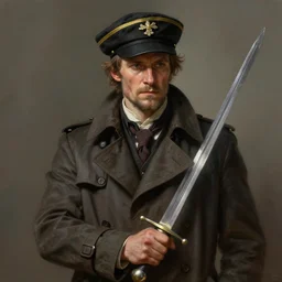 portrait of a rugged man wearing a trenchcoat, sailors cap, holding a sword, victorian, concept art, detailed face, fantasy, highly detailed, cinematic lighting, digital art painting by greg rutkowski