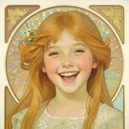 a detailed, intricate art nouveau portrait painting of a girl who resembles a cheerful, laughing, happy 1 8 - year - old saoirse ronan and emma watson in a white satin gown, laughing loudly, smiling, by alphonse mucha, donato giancola, and john william waterhouse
