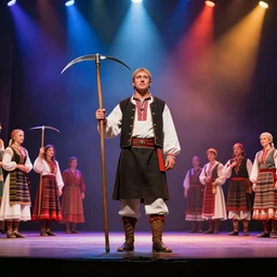 theatre stage, romanian man in traditional romanian clothing with scythe, people, traditional romanian clothing, concept art, dramatic lighting, beautiful, volumetric lighting, colorful, octane render