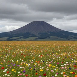 In an infinite plain covered with colorful flowers, right in the middle stands a thin and tall dark mountain