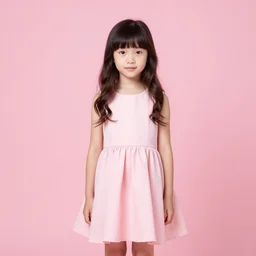 A girl wearing a pink dress on a pink background, studio lighting