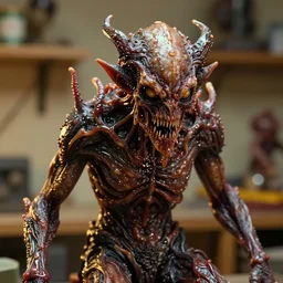 photo taken of an epic intricate, ultra detailed, super realistic sculpture of a wet, slimy, nightmarish hellish demonic creature on display in a workshop, created by weta workshop, zoomed in shots, photorealistic, sharp focus, f 0. 4, face centred, macro photography, golden ratio, golden hour