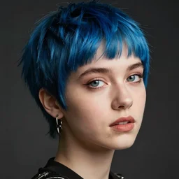 photo of young cute punk woman with blue pixie cut, hyper detailed
