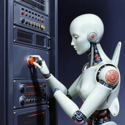 very detailed anthropomorphic porcelain cyborg pushes a button on a sci - fi server rack. art by hajime sorayama