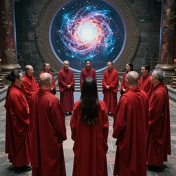 a group of cult leaders standing in red robes in a circle around a portal showing the end of the universe, photograph of the year, canon 5 0 mm