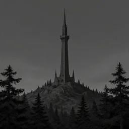 a dark tower on a hill surrounded by a dark forest , high fantasy, drawn by Kentaro Miura, Tarot card