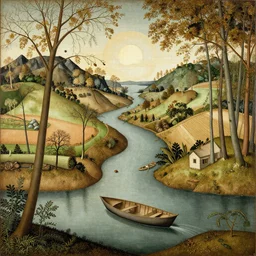An intricate, extremely detailed painting in a style of Hieronim Bosch featuring a river in Europe, surrounded by trees and fields. A dinghy is slowly moving through the water. Sun is shining.