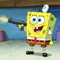 high detail full body shot of spongebob shooting a machine gun