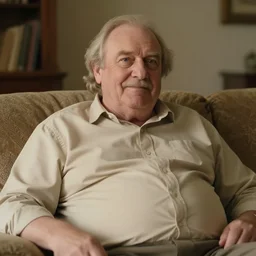 cozy photo of older handsome lord richard. he is sitting gracefully on a sofa, his eyes look wise, happy wise. oh he is a human by the way, wear's beige shirt, has firm skin and big bouncy belly