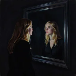 silhouette of a Elle Fanning gazing in a mirror, pitch black room, extremely detailed masterpiece, oil on canvas, low-key neon lighting, artstation, Blade Runner 2049, Roger Deakin’s cinematography, by Julia Vormeer,
