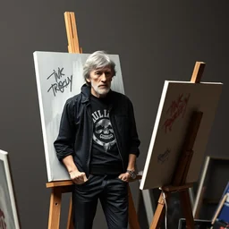 pink floyd's roger waters, stands at his easel, painting a self portrait