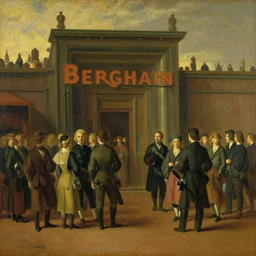 Dutch oil painting from 1600s: Berghain club (Berlin), people waiting infront of Berghain