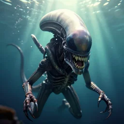 octane render of a angry xenomorph close up under water swimming towards the camera, beautiful, god rays, by h. r. giger and seb mckinnon