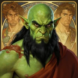 character portrait, green skin, angry handsome d & d orc ; monk ; with black hair and black beard, alphonse mucha, rhads, ross tran, dungeons and dragons character art commission, artstation, artgerm, octane render, 1 6 k
