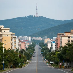 looking down road, buildings on both sides. hills background with radio tower on top. telephoto lens compression.