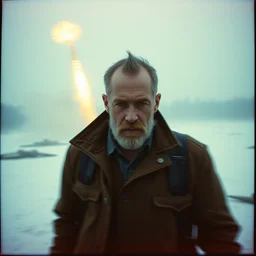 kodak portra 4 0 0, wetplate, muted colours, blueberry and orange and teal, the walking dead, 1 9 1 0 s style, motion blur, portrait photo of a backdrop, explosions, rockets, bombs, sparkling, snow, fog, by georges melies and by britt marling