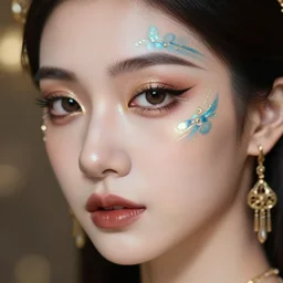 fantasy very beautiful woman face art make - up. professional detailed close - up photo 1 7 mm focus and bokeh