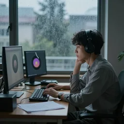 A researcher at their desk next to the window trying to find the motivation to continue, lo-fi hiphop, seen from the side, rain, moody, trending on artstation, 4k