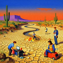 the 👽 🛸💥 site at a dry river bed in a barren 💨 🏜 by ivan shishkin and zacharias aagaard and simon stalenhag and josan gonzalez and escher, chiaroscuro, tonalism, sfumato, high saturation, high contrast, vibrant, retrowave, 🦿 👨💻👩🚒🧑🔧🌵🪨🌇