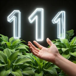 3 d render of a human hand reaching towards abundant flowering hosta plants!!!, 3 d geometric neon shapes, rule of thirds, clean linework, dramatic, award winning, 4 k, trending on artstation, photorealistic, volumetric lighting, octane render