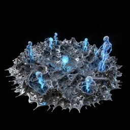 a photorealistic render of a topographic organic made of melted metal and bioluminescent beings on a black background, c 4 d, by zhelong xu ouchh studio and ernst haeckel, wide angle, hyper realistic, plain black background, 8 k, volumetric lightning, octane render