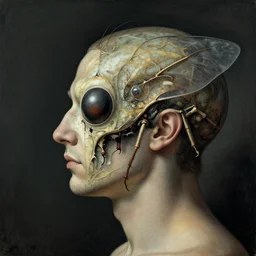 side portrait of human with the insectoid shaped face, surrealism, in the style of erns haeckel