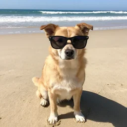 a dog wearing sunglasses at the beach