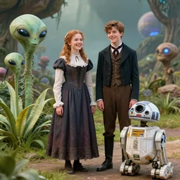 a girl and a boy standing next to some alien plants, looking happy, both wearing victorian clothes, their pet droid is nearby, in a park on a alien planet, ultra realistic facial details, enhanced faces, ultra photorealistic raytracing, 8k