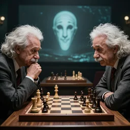 chess match between michio kaku and albert einstein on ancient aliens show, featured on artstation, featured on pixiv, rule of thirds composition, cinematic dynamic lighting, hyper realistic, hyper detailed, photo realism, sharp focus, 4 k, 8 k