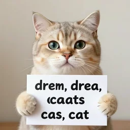 realistic high quality photo of a cute cat holding a sign with text that reads : drem, drea, dream caaats, cas, cat