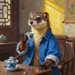portrait painting of a weasel wearing a shirts drinks chinese tea in a shabby chinese room by wenjun lin, irakli nadar, bright colors, octopath traveler, wenjun lin, unreal engine 5 highly rendered, global illumination, 9 radiant light, detailed and intricate environment