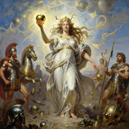 eris discordia, flowing robes, holding an reflective gold!!! metal apple, goddess of chaos, wide angle, battlefield of trojan war, trojan horse, intricate details, artifacts, luminous skies, by michael cheval, peter mohrbacher, boris vallejo, jessica rossier, oil painting, highly detailed, cinematic lighting, unreal