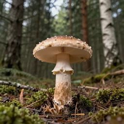A beautiful a picture of a single mushroom that grows on the ground with a forest with pines and birches, and a growing mycelium of the fungus is visible underground, Digital Art, Trending on artstation