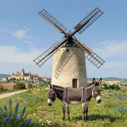 very long shot of a magnificent windmill, wild beautiful Donkey, spots of blue flowers nearby, medieval french landscape, Carcassonne, outskirts of city of carcassonne in the background by Stanley Artgerm Lau, WLOP, Rossdraws, frank frazetta, Andrei Riabovitchev, Marc Simonetti, tranding on artstation