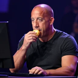 photo still of vin diesel eatinf a potato on a computer, 8 k, live concert lighting, mid shot