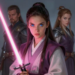 elegant and beautiful blue eyed brunette girl!! pink lightsaber! jedi, fire emblem, art by artgerm and greg rutkowski and magali villeneuve, portrait, d & d, fantasy, highly detailed, digital painting, trending on artstation, concept art, sharp focus, illustration