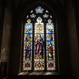 photo, sunlight coming through a beautiful stained glass window in a dark hallway, with ray showing, intricate details, extremely high quality, diffused sunlight, moody lighting, real camera, real photo, 8 k, full subject in shot